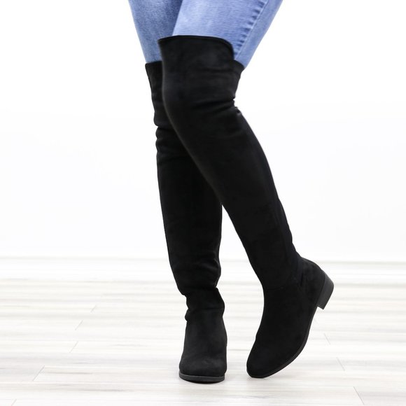 Low Heel Thigh High Boots Womens Over The Knee Suede & Stretchy Material Mix - Picture 11 of 14